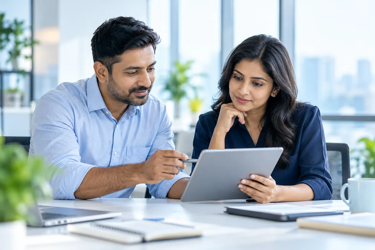 Illustrative Indian business professionals reviewing a tablet in an office