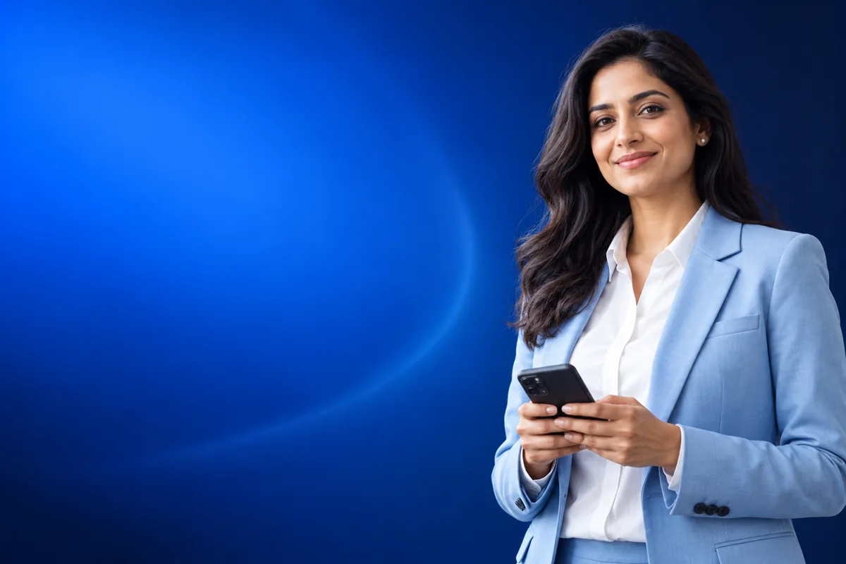 Illustrative business owner using her phone against a blue background