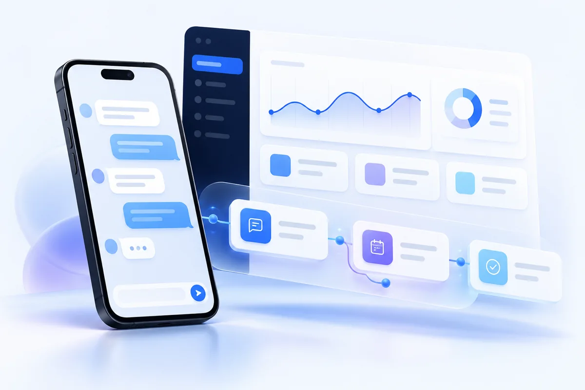 Illustration of customer conversations connected to an owner management dashboard